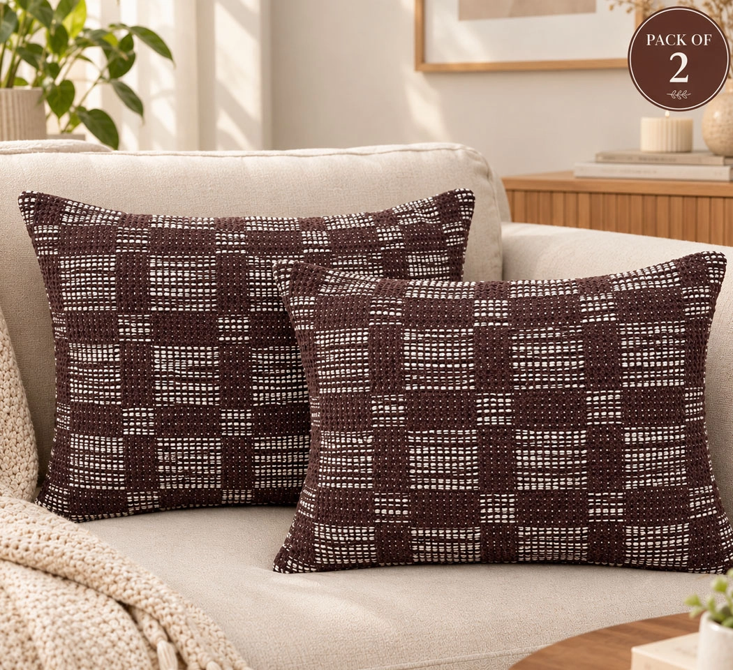 Woven Cotton - Chenille Cushion Cover – Dark Brown Checkered Design, 14×20 Inches, Pack of 2